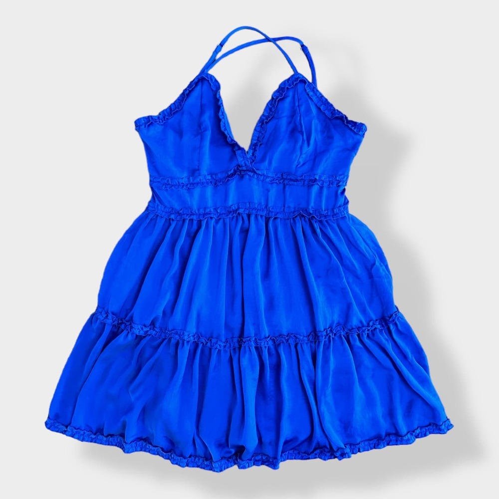 She + Sky Satin Blue tiered ruffled mini dress Size L